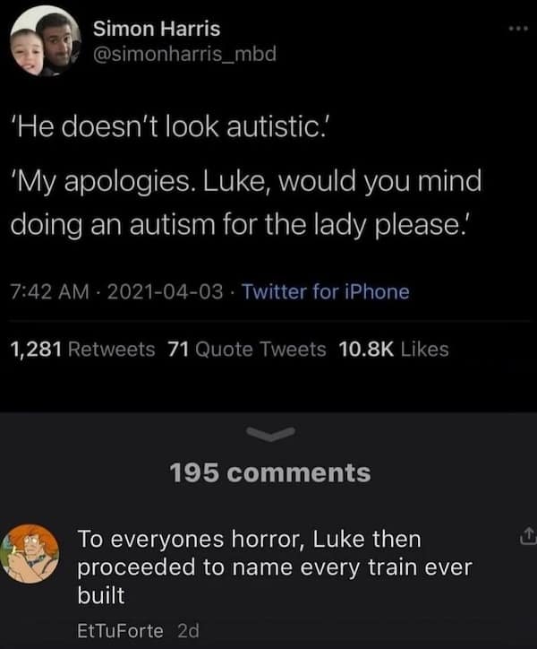 mental health memes. 'He doesn't look autistic. 'My apologies. Luke, would you mind doing an autism for the lady please!