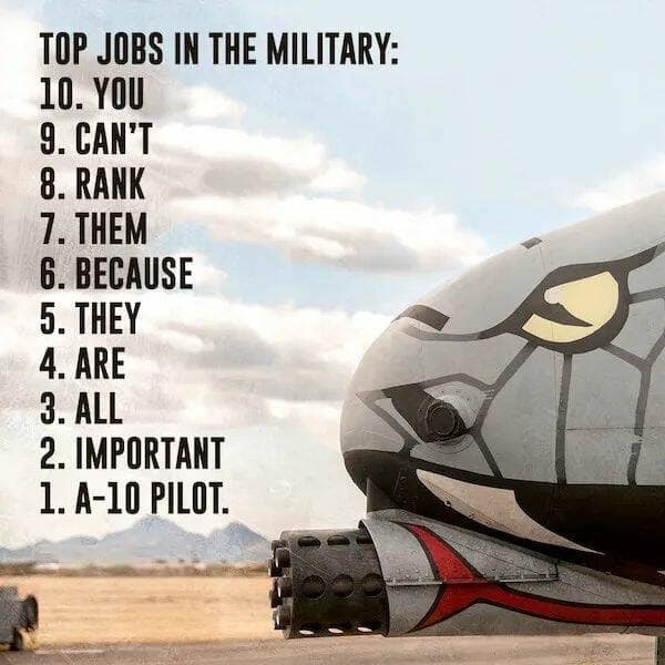 military memes. TOP JOBS IN THE MILITARY: 10. YOU 9. CAN'T 8. RANK 7. THEM 6. BECAUSE 5. THEY 4. ARE 3. ALL 2. IMPORTANT 1. A-10 PILOT.