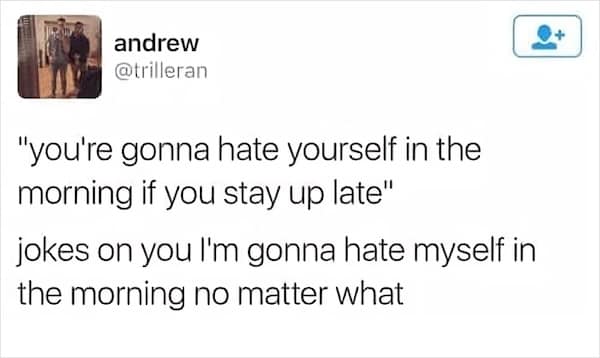nihilist memes. "you're gonna hate yourself in the morning if you stay up late" jokes on you l'm gonna hate myself in the morning no matter what