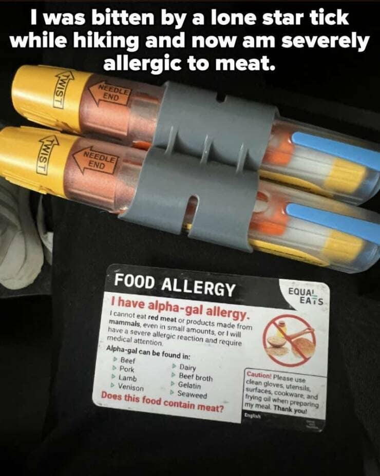 I was bitten by a lone star tick while hiking and now am severely allergic to meat.