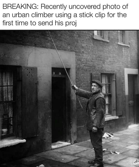 BREAKING: Recently uncovered photo of an urban climber using a stick clip for the first time to send his proj