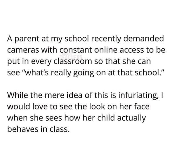 Teacher Memes. A parent at my school recently demanded cameras with constant online access to be put in every classroom so that she can see "what's really going on at that school." While the mere idea of this is infuriating, I would love to see the look on her face when she sees how her child actually behaves in class.