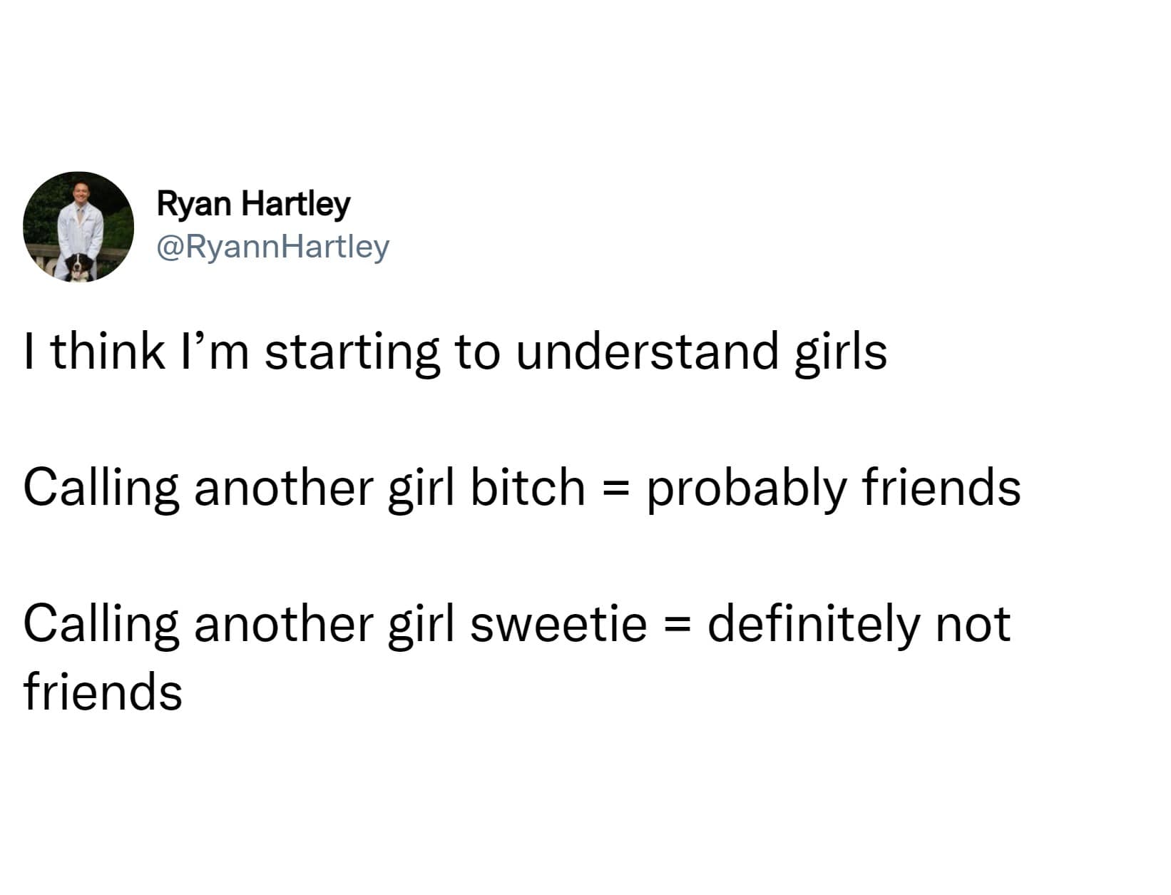 think I'm starting to understand girls Calling another girl bitch = probably friends Calling another girl sweetie = definitely not friends