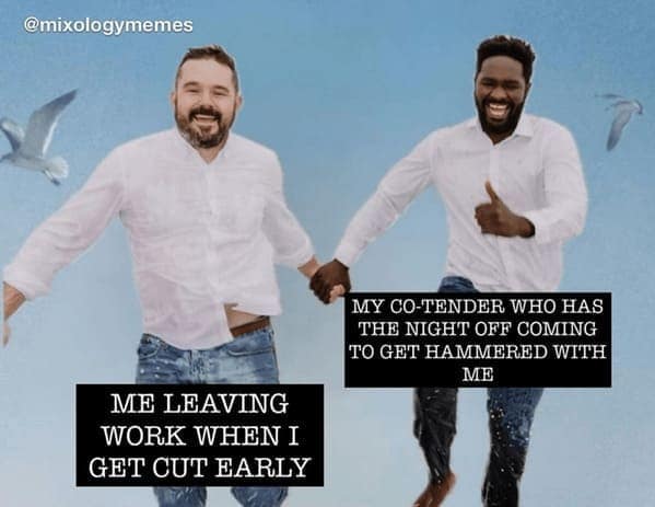 bartender memes. MY CO-TENDER WHO HAS THE NIGHT OFF COMING TO GET HAMMERED WITH ME ME LEAVING WORK WHEN I GET CUT EARLY