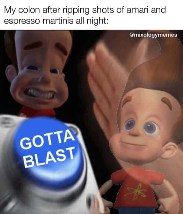 bartender memes. My colon after ripping shots of amari and espresso martinis all night: