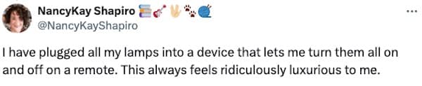 I have plugged all my lamps into a device that lets me turn them all on and off on a remote. This always feels ridiculously luxurious to me.
