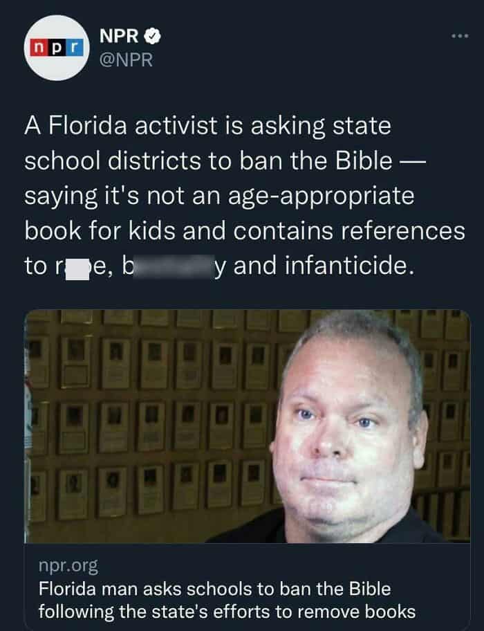 A Florida activist is asking state school districts to ban the Bible — saying it's not an age-appropriate book for kids and contains references