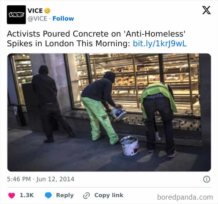 Activists Poured Concrete on 'Anti-Homeless' Spikes in London This Morning: