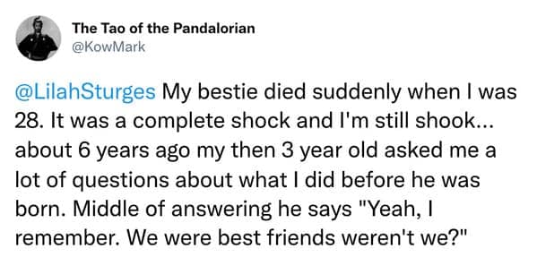 My bestie died suddenly when I was 28. It was a complete shock and I'm still shook... about 6 years ago my then 3 year old asked me a lot of questions about what I did before he was born. Middle of answering he says "Yeah, I remember. We were best friends weren't we?"