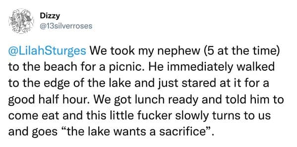We took my nephew (5 at the time) to the beach for a picnic. He immediately walked to the edge of the lake and just stared at it for a good half hour. We got lunch ready and told him to come eat and this little slowly turns to us and goes "the lake wants a sacrifice".