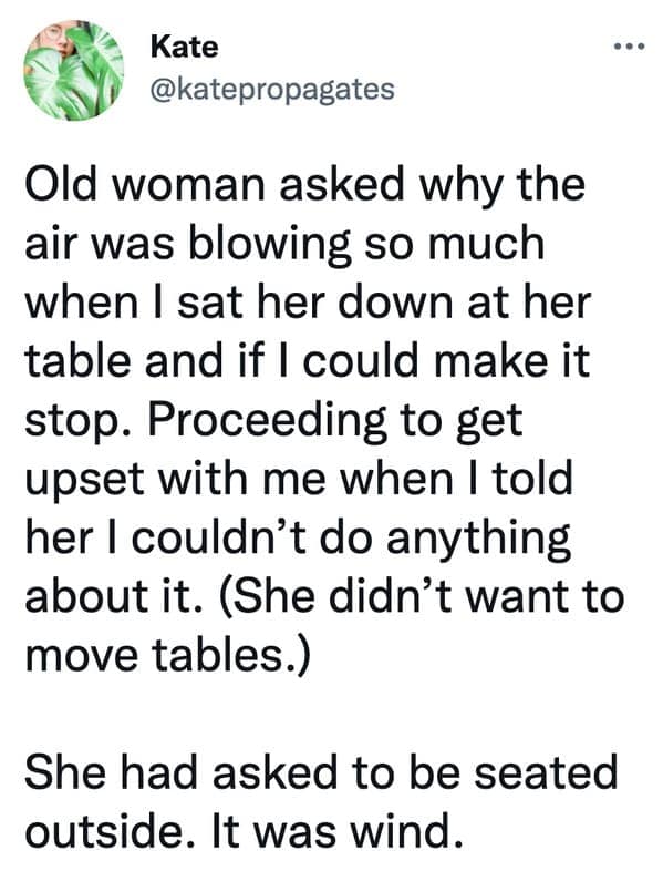 Old woman asked why the air was blowing so much when I sat her down at her table and if I could make it stop. Proceeding to get upset with me when I told her I couldn't do anything about it. (She didn't want to move tables.) She had asked to be seated outside. It was wind.