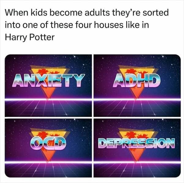When kids become adults they're sorted into one of these four houses like in Harry Potter ANXIETY ADHD OTD DEPRESSION