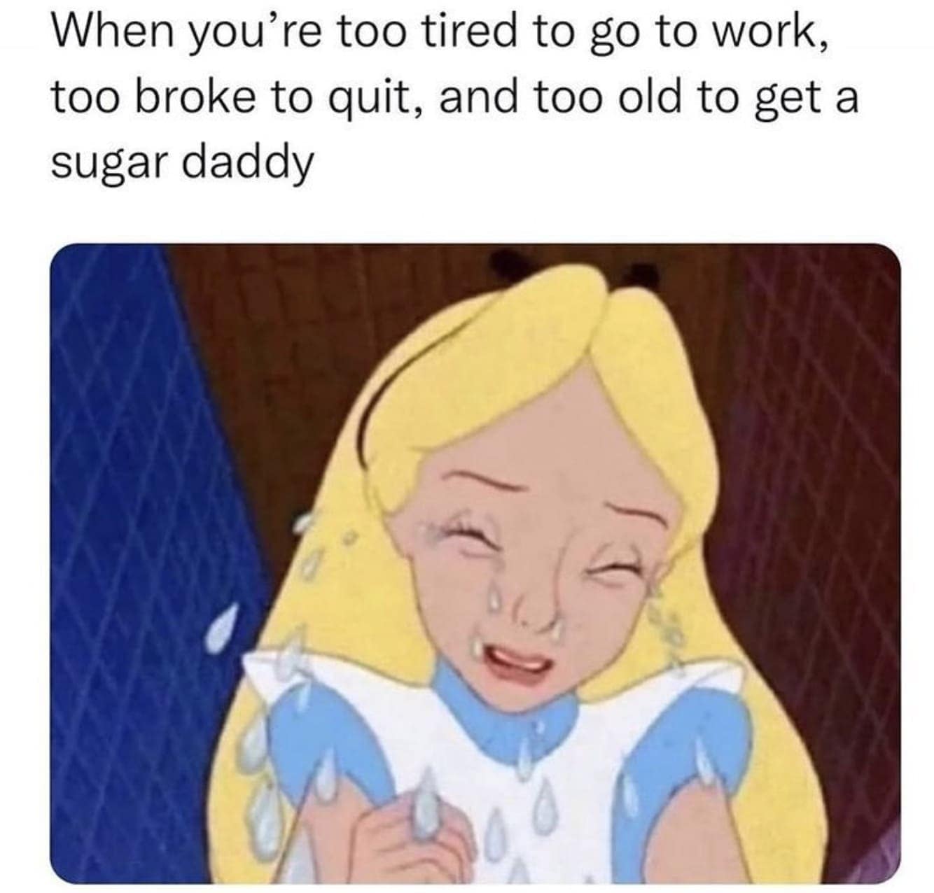 female memes. When you're too tired to go to work, too broke to quit, and too old to get a sugar daddy
