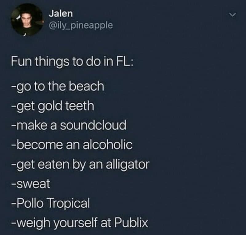 Fun things to do in FL: -go to the beach -get gold teeth -make a soundcloud -become an alcoholic -get eaten by an alligator -sweat -Pollo Tropical -weigh yourself at Publix