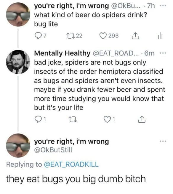 bad joke, spiders are not bugs only insects of the order hemiptera classified as bugs and spiders aren't even insects. maybe if you drank fewer beer and spent more time studying you would know that but it's your life