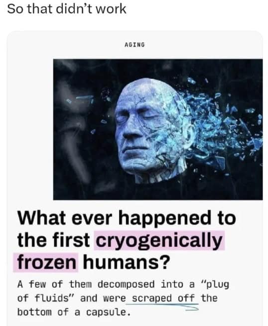 funny fails. What ever happened to the first cryogenically frozen humans? A few of them decomposed into a "plug of fluids" and were scraped off