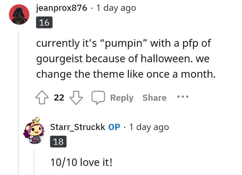 currently it's "pumpin" with a pfp of gourgeist because of halloween. we change the theme like once a month.