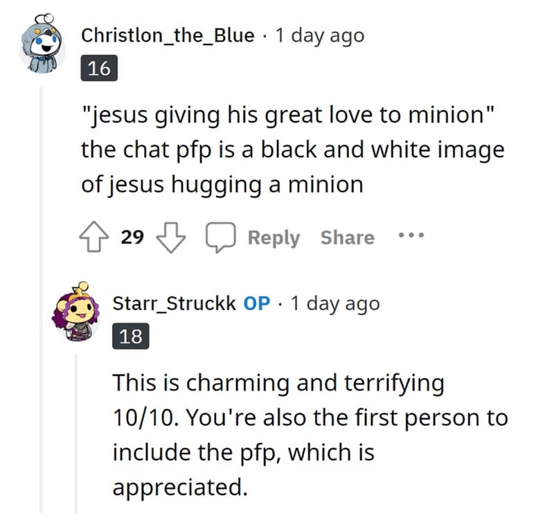 "jesus giving his great love to minion" the chat pfp is a black and white image of jesus hugging a minion