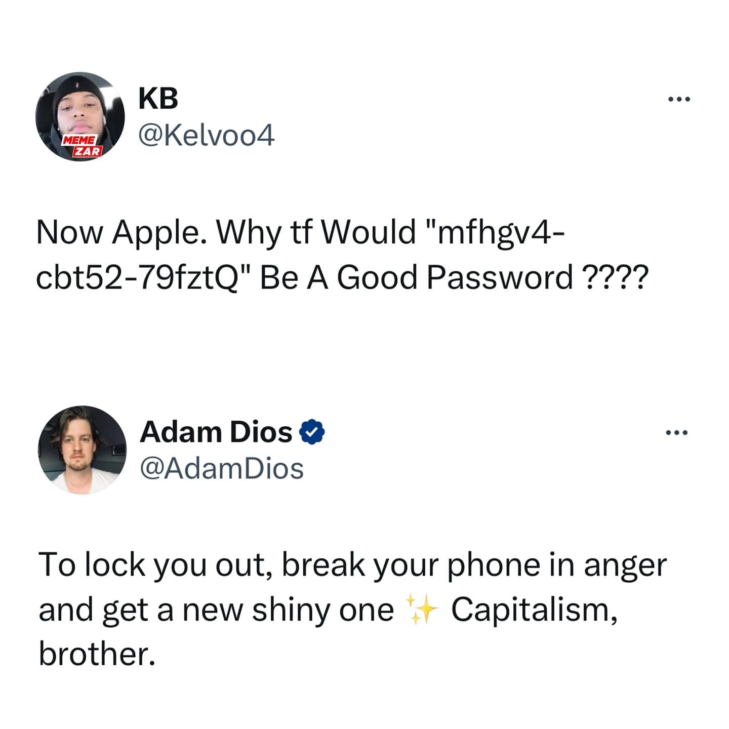 funny memes. Now Apple. Why tf Would "mfhgv4-cbt52-79fztQ" Be A Good Password ????