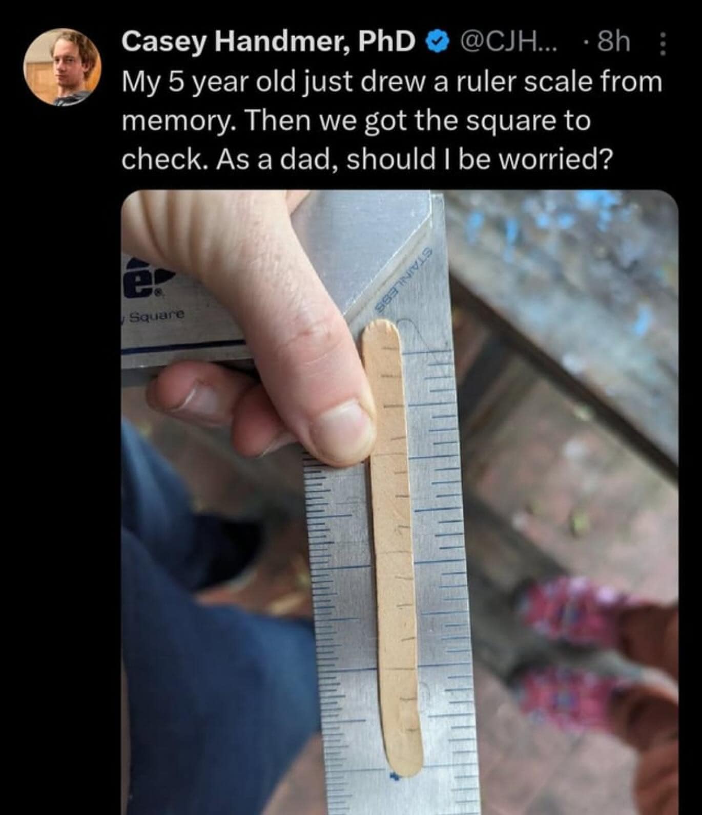 funny memes. My 5 year old just drew a ruler scale from memory. Then we got the square to check. As a dad, should I be worried?
