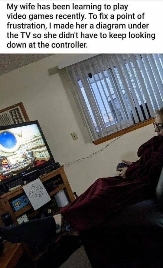 funny memes. My wife has been learning to play video games recently. To fix a point of frustration, I made her a diagram under the TV so she didn't have to keep looking down at the controller.