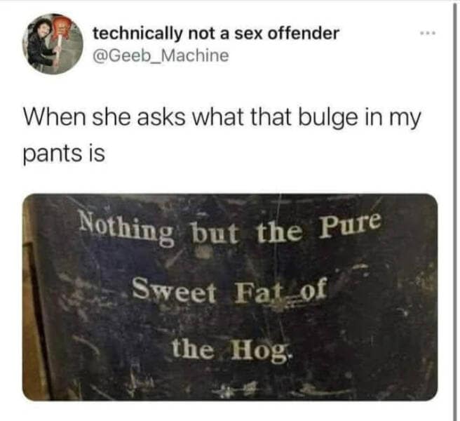 funny memes. When she asks what that bulge in my pants is Nothing but the Pure Sweet Fat of the Hog.