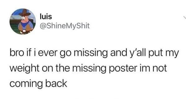 funny pics. bro if i ever go missing and y'all put my weight on the missing poster im not coming back