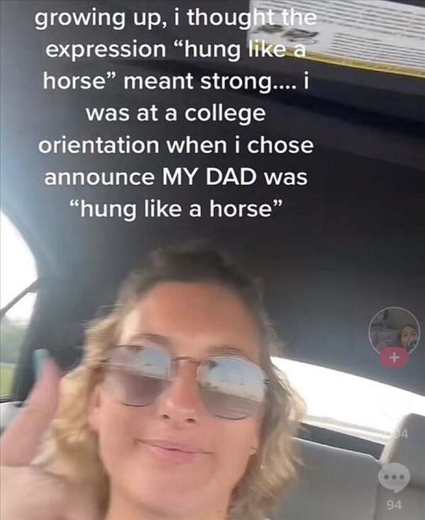 funny pics. growing up, i thought the expression "hung like a horse" meant strong.... i was at a college orientation when i chose announce MY DAD was "hung like a horse"