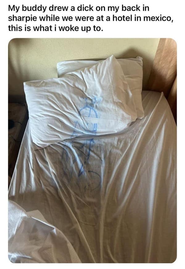 funny pics. My buddy drew a dick on my back in sharpie while we were at a hotel in mexico, this is what i woke up to.