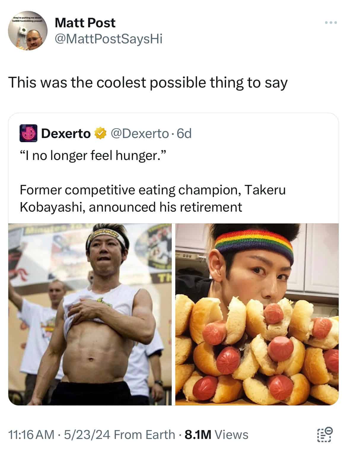 "I no longer feel hunger." Former competitive eating champion, Takeru Kobayashi, announced his retirement