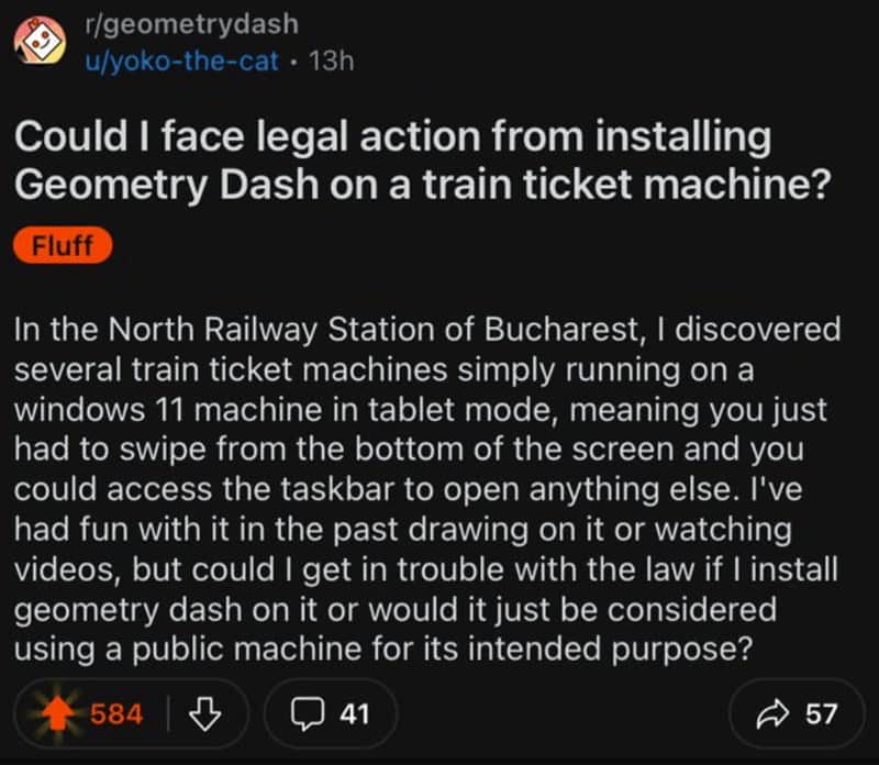 Could I face legal action from installing Geometry Dash on a train ticket machine?