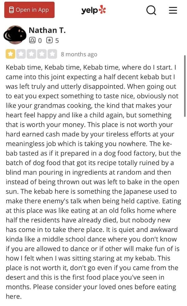 funny yelp reviews, hilarious reviews, angry customer reviews, unreasonable complaints, irate reviews, upset customer feedback, absurd complaints, ridiculous grievances