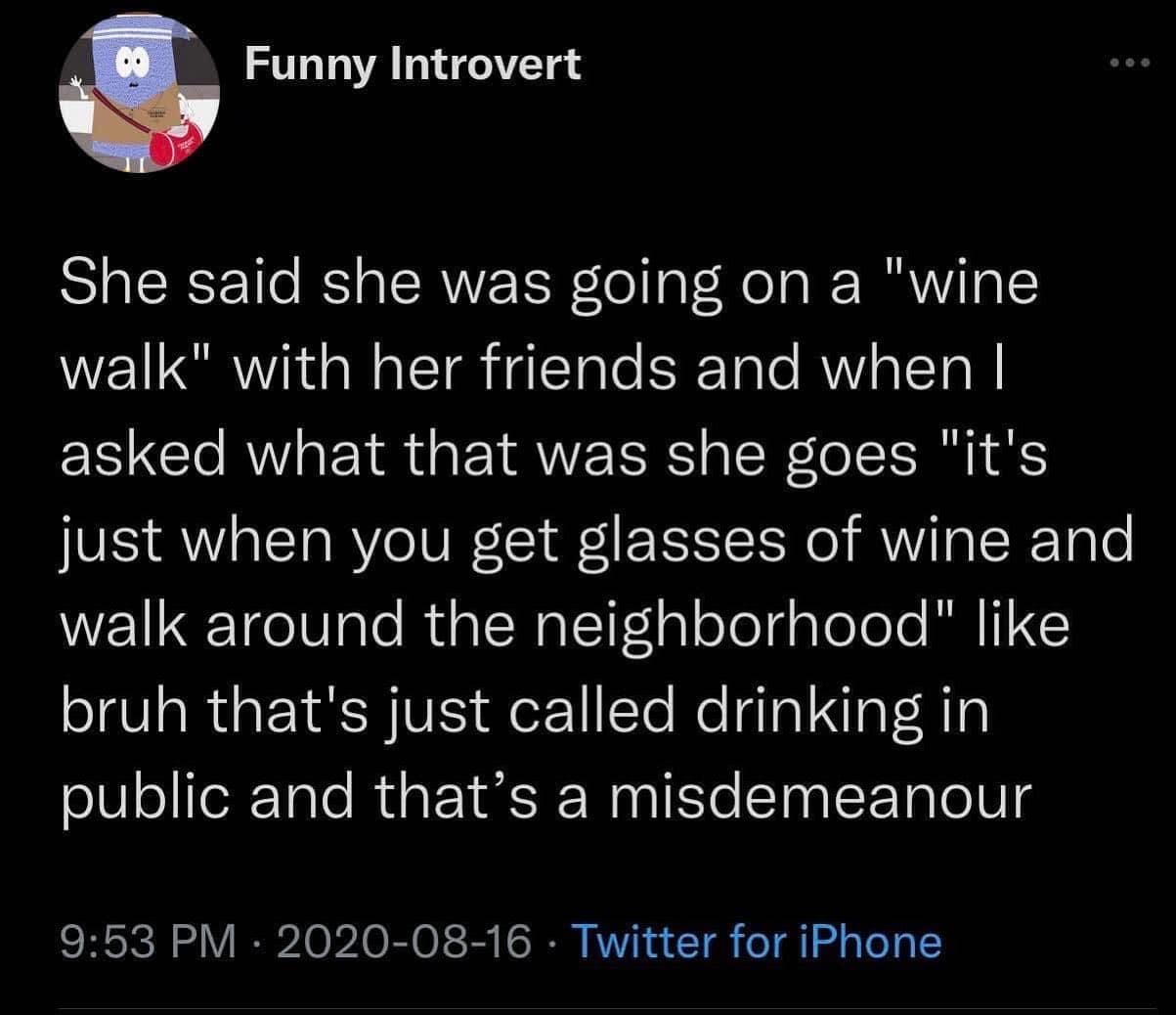 girly memes. She said she was going on a "wine walk" with her friends and when I asked what that was she goes "it's just when you get glasses of wine and walk around the neighborhood" like bruh that's just called drinking in public and that's a misdemeanour