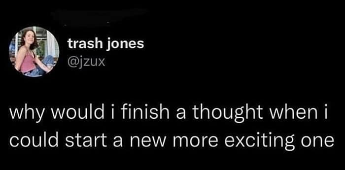 hilarious tweets. why would i finish a thought when i could start a new more exciting one