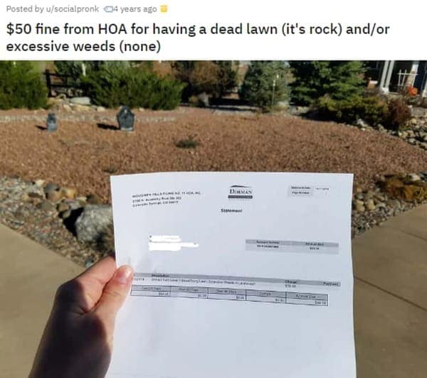 HOA nightmares. $50 fine from HOA for having a dead lawn (it's rock) and/or excessive weeds (none)