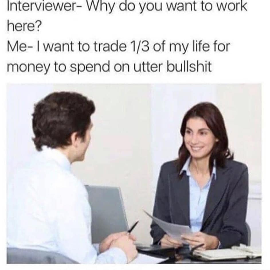 job interview memes. Interviewer- Why do you want to work here? Me- I want to trade 1/3 of my life for money to spend on utter