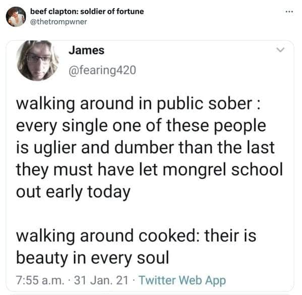 walking around in public sober : every single one of these people is uglier and dumber than the last they must have let mongrel school out early today walking around cooked: their is beauty in every soul