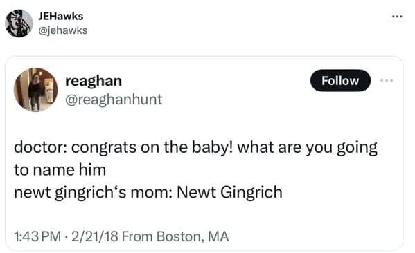 doctor: congrats on the baby! what are you going to name him newt gingrich's mom: Newt Gingrich
