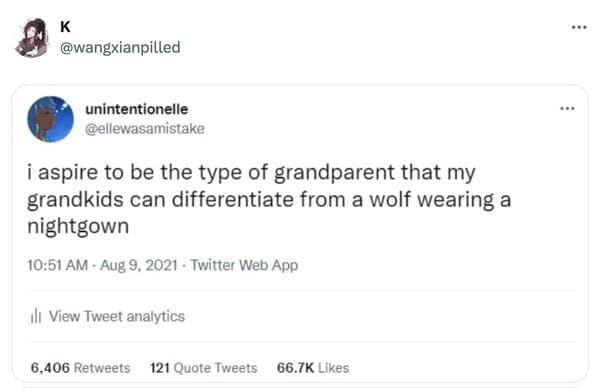 i aspire to be the type of grandparent that my grandkids can differentiate from a wolf wearing a nightgown