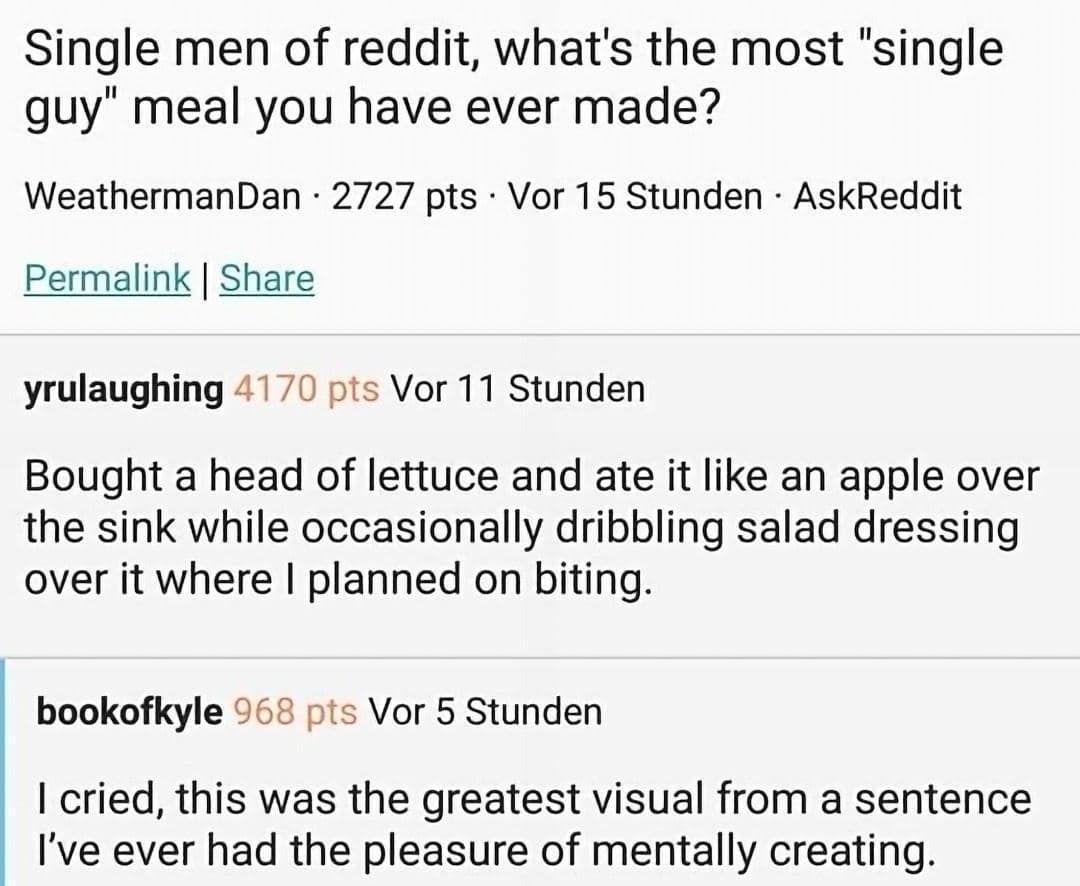 manly memes. Single men of reddit, what's the most "single guy" meal you have ever made?