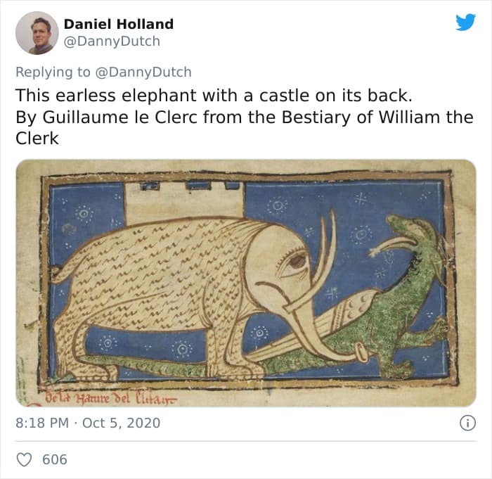 This earless elephant with a castle on its back. By Guillaume le Clerc from the Bestiary of William the Clerk