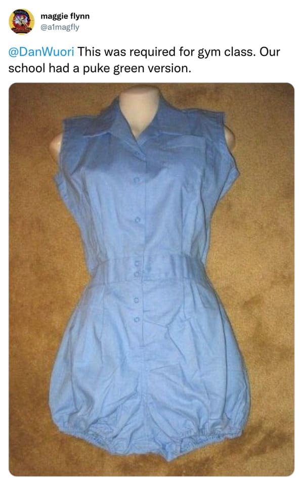 This was required for gym class. Our school had a puke green version.