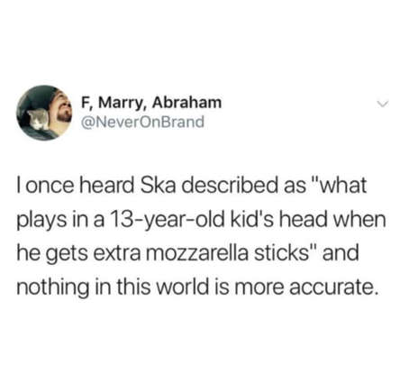 oddly specific posts. I once heard Ska described as "what plays in a 13-year-old kid's head when he gets extra mozzarella sticks" and nothing in this world is more accurate.