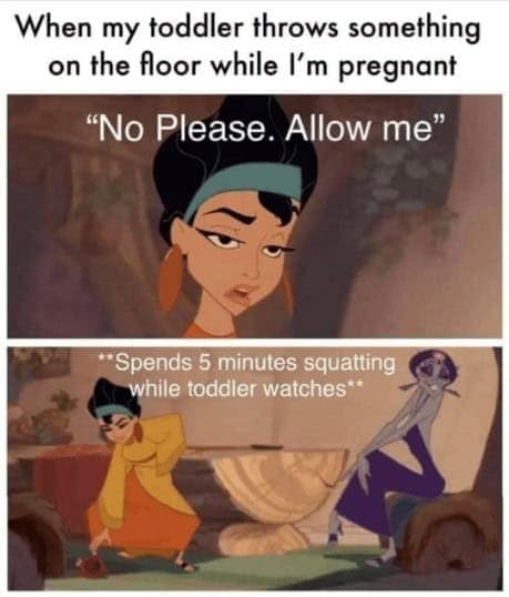 parenting memes. When my toddler throws something on the floor while I'm pregnant "No Please. Allow me"