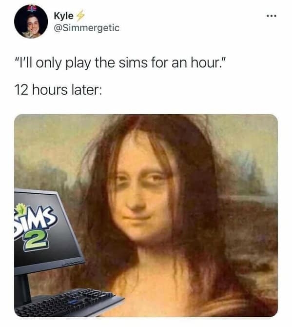 sims memes. "'ll only play the sims for an hour." 12 hours later: