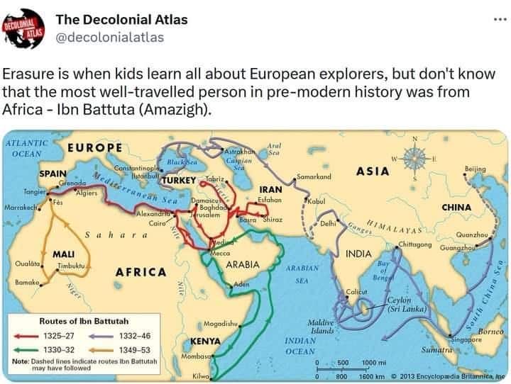smart memes. Erasure is when kids learn all about European explorers, but don't know that the most well-travelled person in pre-modern history was from Africa - Ibn Battuta (Amazigh).