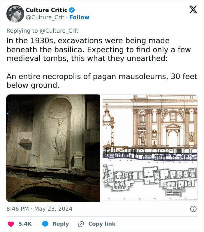 In the 1930s, excavations were being made beneath the basilica. Expecting to find only a few medieval tombs, this what they unearthed: An entire necropolis of pagan mausoleums, 30 feet below ground.
