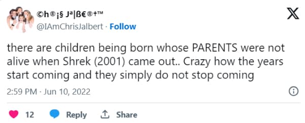 there are children being born whose PARENTS were not alive when Shrek (2001) came out.. Crazy how the years start coming and they simply do not stop coming