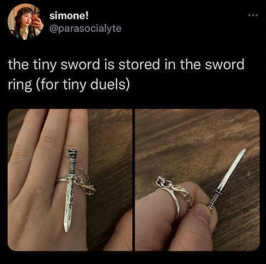 weird gifts. the tiny sword is stored in the sword ring (for tiny duels)