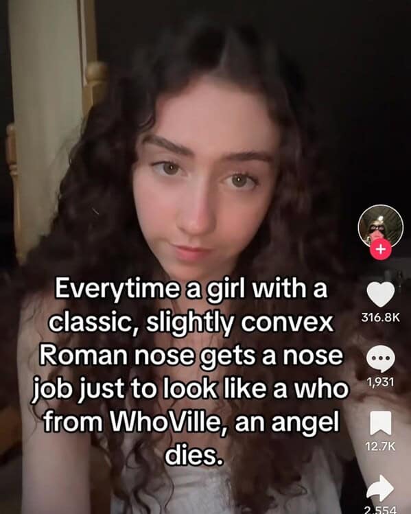 wild TikTok influencer. Everytime a girl with a classic, slightly convex Roman nose gets a nose job just to look like a who from Who Ville, an angel dies.